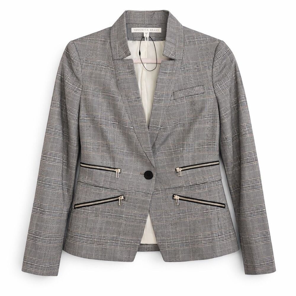 Veronica Beard Paloma Dickey Jacket Gray Plaid Zip Pocket Blazer 4 NWOT